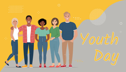  Happy fun young friend group. Youth Day greeting banner. Vector illustration in flat style