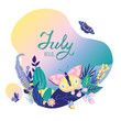 © MySunShine - Monthly calendar page with hand drawn text Hello July. Colorful summer card or background with beautiful butterflies, leaves, grass and flowers. Vector illustration.