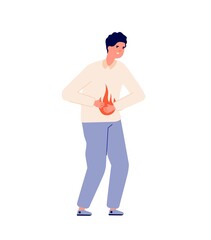 Sticker - Heartburn. Person stomach problem, gastroesophageal reflux or high acidity. Gastric disease, man bloating abdomen pain vector illustration. Heartburn problem, digestive and stomachache