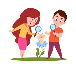 Wall Mural - Children look on flowers. Young biologist, biology lessons on nature. Isolated cartoon boy girl with magnifier vector illustration. Girl and boy with magnifying glass look to flower