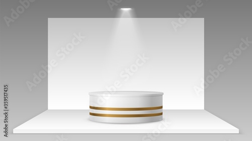 Empty stand with light. Realistic pedestal platform mockup, white showroom wa...
