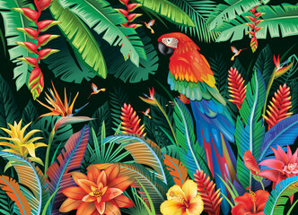 Wall Mural - Tropical background from flowers and parrot