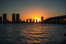 Miami City Skyline Buildings  Sunset Sun Orange Sea Bridge Summer 