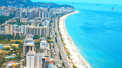 Fototapete - Rio's Best Beaches with turquoise water: famous Copacabana Beach, Ipanema Beach, Barra da Tijuca Beach in Rio de Janeiro, Brazil. Aerial view of Rio de Janeiro from helicopter. Top view, horizontal