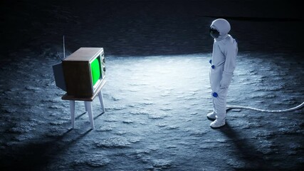 Wall Mural - alone astronaut on the moon watch old TV. Tracking your content. Ralistic 4K animation.