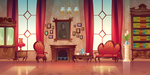 Living room interior in classic victorian style with sofa, armchair, fireplace and bookcase. Vector cartoon illustration of old lounge room with vintage wooden furniture and tea on table