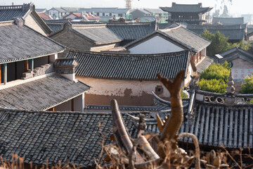  View of narrow street in rural traditional Chinese village. Typical street scene in Chinese villages