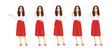 Young woman with long hair in red skirt set different gestures isolated vector illustration