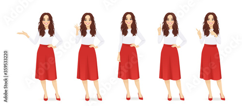 Fotomural Young woman with long hair in red skirt set different gestures isolated vector i