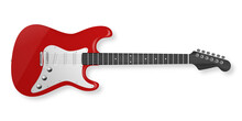 Vector 3d Realistic Red And White Classic Old Retro Electro Wooden Guitar Icon Closeup Isolated On White Background. Design Template, Mockup, Clipart. Musical Art Concept. Top View