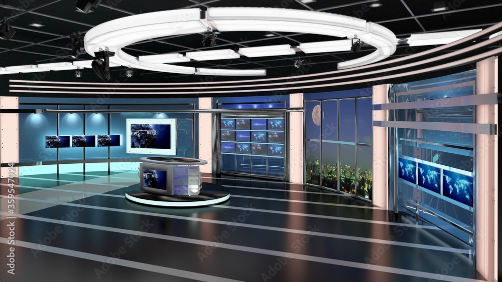 Virtual TV Studio News Set 27-4. 3d Rendering.
Virtual set studio for chroma footage. wherever you want it, With a simple setup, a few square feet of space, and Virtual Set, you can transform any loca - obrazy, fototapety, plakaty 