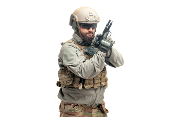 Wall Mural - American ranger in military equipment with a gun and knife on a white background, portrait of a special forces soldier with a weapon