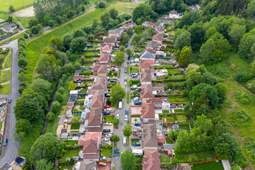 Poster - Aerial drone view of a residential area of a small Welsh town surrounded by hills (Ebbw Vale, South Wales, UK)