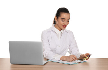 Canvas Print - Professional pharmacist working at table against white background