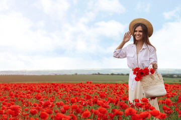 Wall Mural - Woman holding handbag with poppy flowers in beautiful field