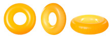 Set With Bright Inflatable Rings On White Background, Banner Design