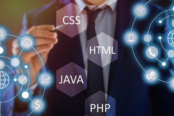 Web development. Man and virtual screen with different icons on color background, closeup