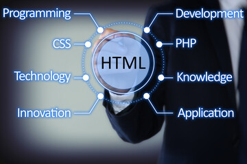 web development. man and virtual screen with icon on color background, closeup