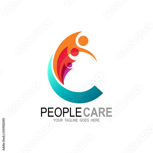 Fotomural logo letter c with human and colorful, charity icon vector illustration