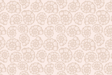 Wall Mural - Seashell beach summer beige pattern. Vector seamless background. Simple elegant ocean sea shell fabric texture. Sand colour design. Graphic illustration