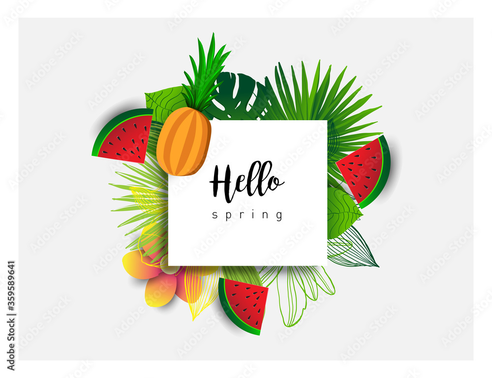 Summer vector banner design with tropical fruits and palm leaves ...