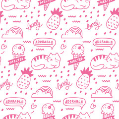 Sticker - Cute Girly Seamless Background with Cat, Rainbow, Ice Cream Cone