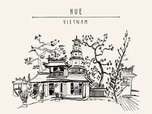 Hue, Vietnam, Southeast Asia. Thien Mu Pagoda. Vintage Hand Drawn Postcard