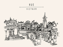 Hue, Vietnam, Indochina. Tomb Of Khai Dinh Emperor. Sculptures Of Warriors, Trees, Traditional Architecture. Vintage Touristic Postcard