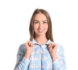 Wall Mural - Beautiful young woman in stylish shirt on white background