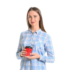 Beautiful young woman in stylish shirt and with coffee on white background