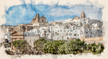 Ostuni, Puglia, Brindisi, Italy. old town and Roman Catholic cathedral and church Confraternity of Carmine. The white city in Apulia . Watercolor style illustration