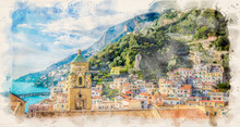 Beautiful View Of Amalfi Village, Italy. The Colorful Houses And Mediterranean Sea. Watercolor Style Illustration