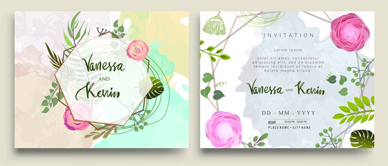 Wall Mural - Wedding Invitation, Invitation card with floral and green tropical leaves, modern card Design, decorative wreath & frame pattern. Vector elegant watercolor template