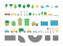 Flat Simple City Urban Elements Vector Set. Park And Street Outdoor Decor Constructor Collection. Tree, Weather, Road, House, Transport, Street Sign Isolated For Web Icons, Mobile App, Infographics