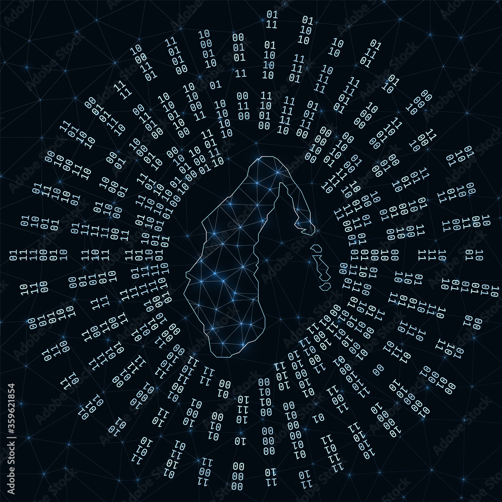 Connectivity Radiating Map Aitutaki digital map. Binary rays radiating around glowing island ...