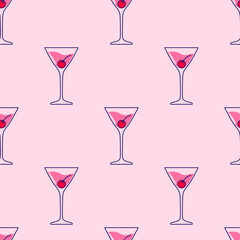 Wall Mural - Seamless pattern with Alcoholic cocktail with cherry. Vector illustration