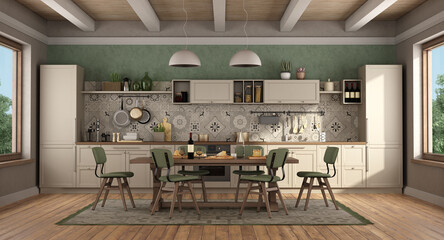 Wall Mural - Classic style kitchen with wooden table and chairs