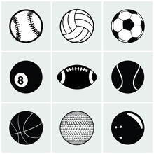 Sports Ball Icon Set With Various Sports Balls Including A Baseball, Volleyball, Soccer Ball, Eight Ball, Football, Tennis Ball, Basketball, Golf Ball And Bowling Ball.