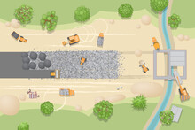 Vector Illustration. Construction Of Roads And Bridges. View From Above. Stage Of Construction Road. Construction Machinery. (top View)