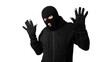 © Prostock-studio - Arrested masked thief with raised arms isolated on white wall