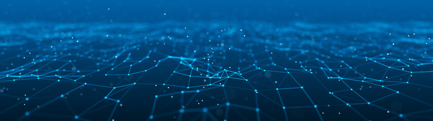 Network of bright connected dots and lines. Abstract dynamic wave of many points. Digital background. 3D rendering.