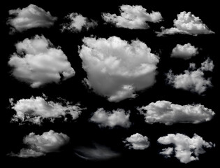 Wall Mural - Clouds set isolated on black background. White cloudiness, mist or smog background.