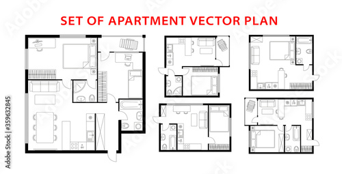 Architecture plan apartment set, studio, condominium, flat, house. One, two bedroom apartment. Interior design elements kitchen, bedroom, bathroom with furniture. Vector architecture plan. Top view.