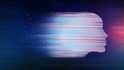 Poster - Artificial intelligence. Conceptual illustration human head silhouette fading into binary code digits