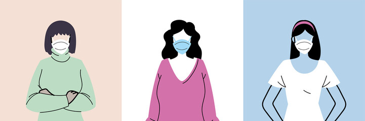 Sticker - set of women avatar in protective medical face masks