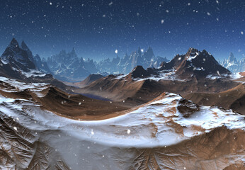 Wall Mural - 3D Rendered Fantasy Winter Mountain Landscape with Snow- 3D Illustration