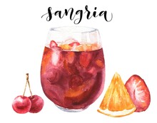 Watercolor Sangria Spanish Cocktail Isolated On White Background. Hand Drawn Drink Illustration.