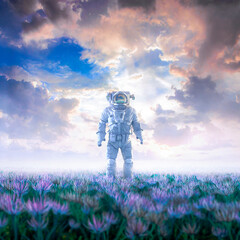 Wall Mural - stepping into dreams / 3d illustration of surreal science fiction scene with lone astronaut walking 