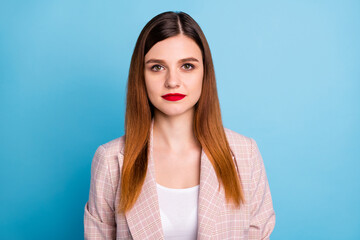 Poster - Portrait of focused executive expert smart girl lay look camera ready decide choose decision choice solution wear classy outfit isolated over blue color background