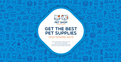 Pet shop banner template with logo badge and outline pattern in square form. Card flyer poster illustration with your text for veterinary clinic, zoo, petfood. Flat style vector illustration.